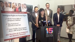 Christina Mansfield of CIVIC speaks at press conference with CA Senator Ricardo Lara and CA Attorney General Xavier Becerra. June 2017.